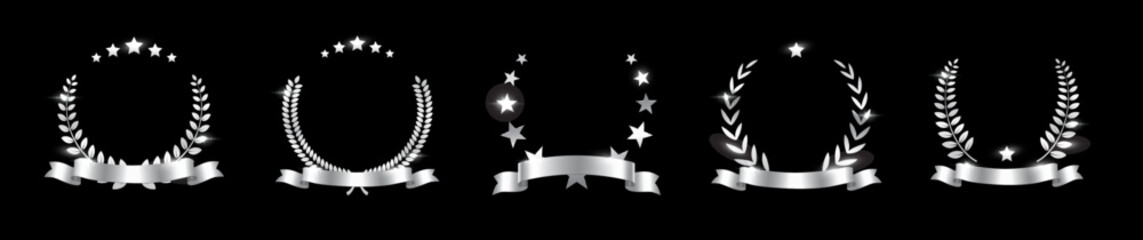 Obraz premium Silver award laurel wreaths with stars, ribbon and empty place for name of winner. Prize for awarding ceremony, championship, best player, diploma. Quality certified icon. Vector illustration.