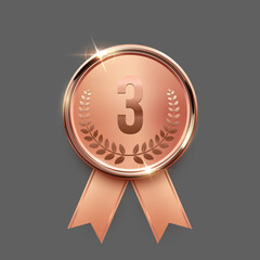 Fototapeta premium Bronze medal. Realistic 3D copper award medal with ribbons, symbolizing third place in sports, competitions, athletic events. Winner emblem, diploma, certificate. Elegant vector illustration.