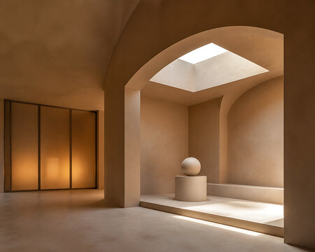 A minimalist interior space featuring a stone sphere resting on a cylindrical pedestal, set within an arched room with a skylight and warm lighting