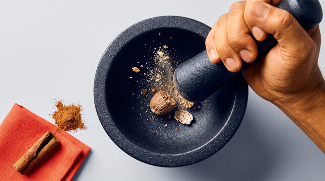 Hand grinding nutmeg and cinnamon spices in a mortar and pestle  