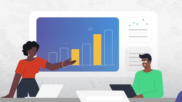 Business colleagues discussing data growth trends during a professional office meeting presentation in this colorful vector motion animation video clip