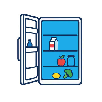 Open refrigerator filled with healthy food items on shelves, organized kitchen appliance design for meal planning