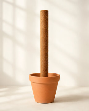 A tall cylindrical brown coconut coir moss pole for climbing indoor plants standing inside an empty terracotta clay flower pot on white