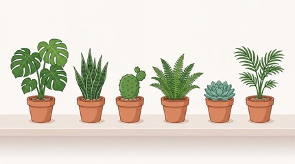 Fototapeta premium Minimalist indoor potted plants collection, green houseplant set in terracotta pots, monstera and cactus home decor illustration isolated PNG with Transparent Background