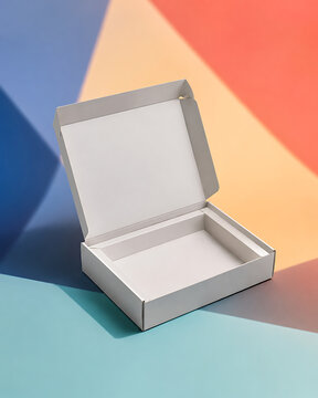 An open empty white cardboard box sitting on a surface with colorful geometric triangles in blue, orange, and red creating a vibrant background