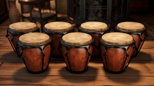 A photo of a set of bongos on a wooden surface: