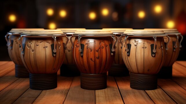 A photo of a set of bongos on a wooden surface:
