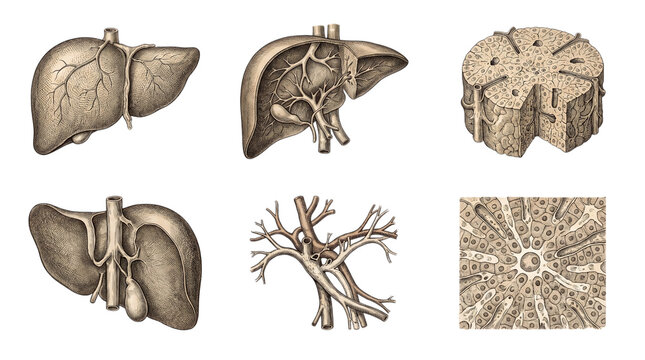 Anatomical illustration of human liver structure and hepatic lobule cross section isolated on transparent background