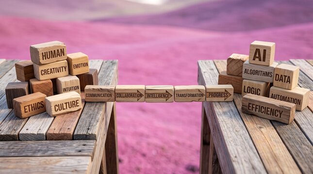 Wooden blocks forming a bridge between two tables representing connection between human creativity and artificial intelligence with problem solving pink background connection