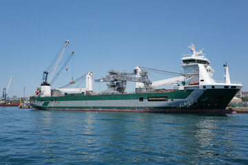 Fototapeta premium Cargo ship anchored in port with cranes in the background