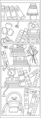 Fototapeta premium Detailed line drawing showing books and household items arranged on shelves for coloring activity