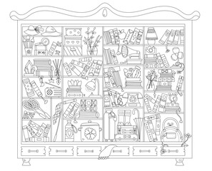Fototapeta premium Intricate line drawing shows a cluttered wooden cabinet filled with vintage items and many books