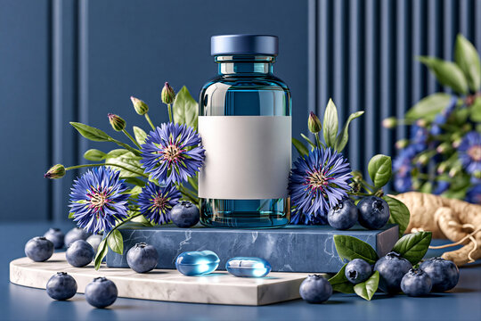 Blue glass pill bottle with blank label on product podium decorated with ginseng, blueberries, cornflowers. Dietary supplement, vitamin and packaging design concept. Still life composition for mockup