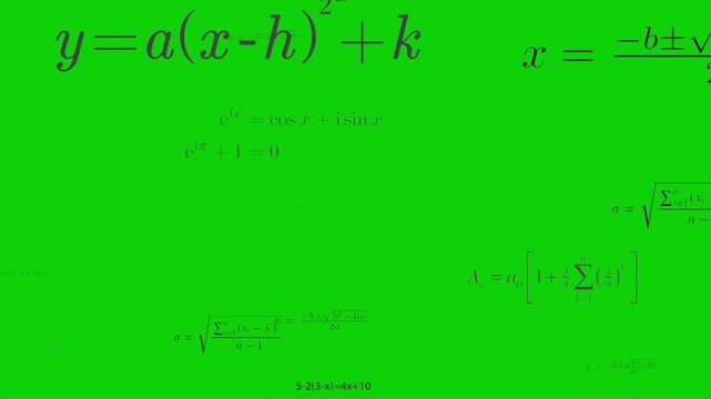 Mathematical formulas floating background animation on green screen, keyable science equations motion graphics