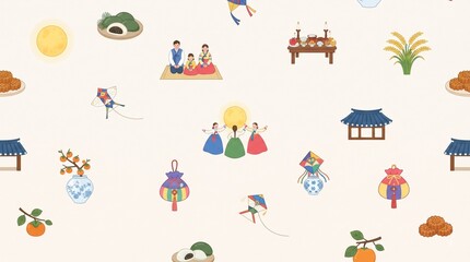 Naklejka premium Minimalist Korean Traditional Holiday Chuseok and Seollal Seamless Pattern Background
