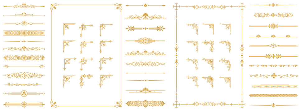 Vintage ornamental gold borders and corner frames for elegant wedding invitation designs.