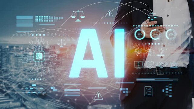 AI circuit microchip with glowing blue lines, surrounded by legal scales, warning symbols, data sheets, and binary codes, representing ethical AI, AI governance, and data integrity Marrow