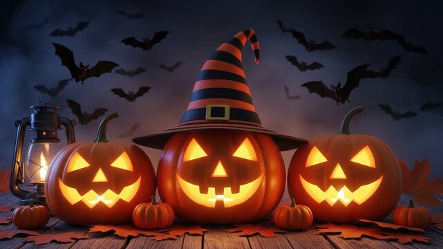 A seamless pattern halloween jackolanterns with witch hat