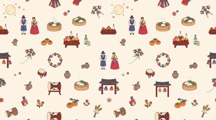 Fototapeta premium Minimalist Korean Traditional Holiday Chuseok and Seollal Seamless Pattern Background