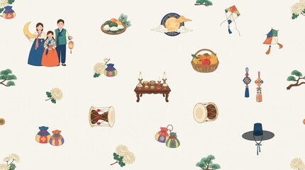 Fototapeta premium Minimalist Korean Traditional Holiday Chuseok and Seollal Seamless Pattern Background
