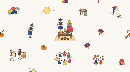 Fototapeta premium Minimalist Korean Traditional Holiday Chuseok and Seollal Seamless Pattern Background