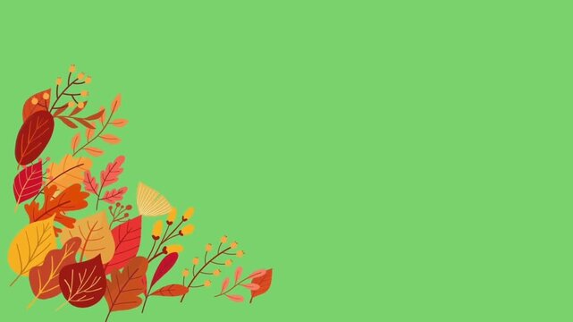 Autumn leaves corner border frame animation on green screen background, keyable botanical graphic element