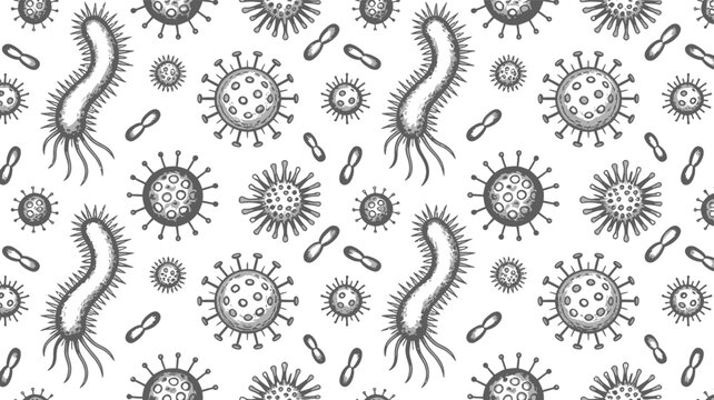 Hand-drawn bacteria seamless pattern, vintage sketch virus and microbe background, black and white medical vector texture