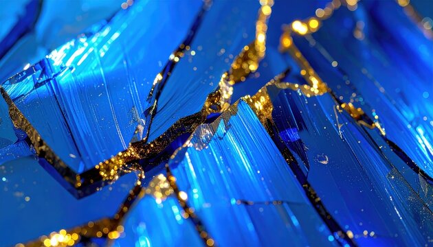 Dettaglio macro di cristalli di zaffiro blu sfaccettati con venature e polvere d'oro
