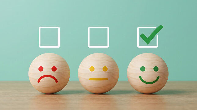Customer Satisfaction Survey with Happy, Neutral and Unhappy Wooden Faces