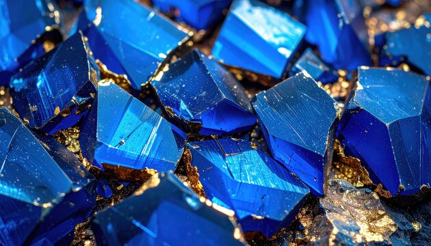 Sfondo geometrico astratto con cristalli sfaccettati blu e venature dorate