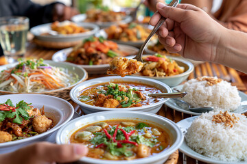 Obraz premium Hands lift food over a shared feast. Bowls hold vibrant curries, stir-fries, and rice. Diners enjoy a lively, communal meal. Table is laden with colorful, aromatic dishes. Perfect for restaurant