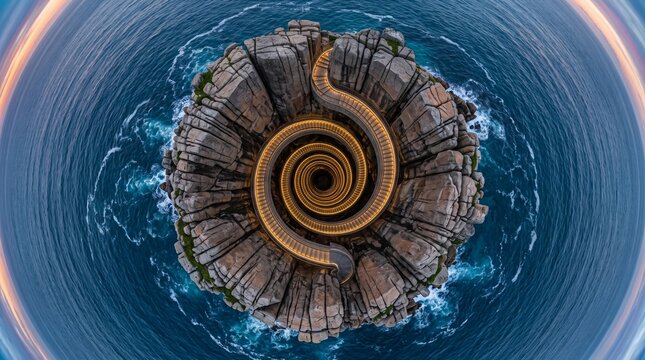 Aerial view of a spiral pathway on a rocky island surrounded by turquoise ocean waters, showcasing unique geological formations and vibrant coastal scenery