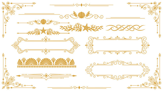 Golden ocean theme ornate borders with sea shells and corals for nautical design accents.