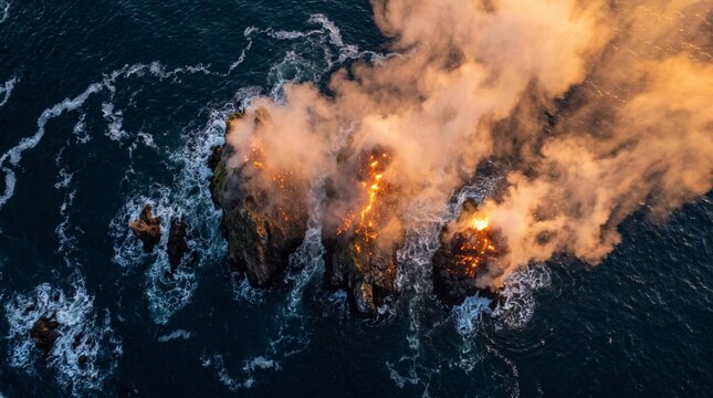 Aerial view of rocky coastline with flames and smoke rising from sea stacks, waves crashing against rocks, and dramatic sunset lighting illuminating the scene