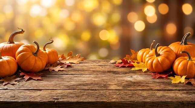 Orange pumpkins and colorful autumn leaves arranged on a rustic dark wooden table with a blurred golden bokeh background, fall harvest theme