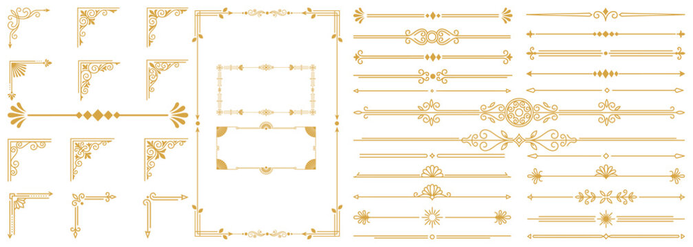 Golden vintage corners borders set on white background for decorative frame certificate.