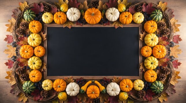 Rectangular blackboard frame surrounded by autumn pumpkins, gourds, pinecones, and colorful fall leaves on a wooden background