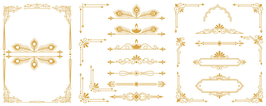 Indian peacock feather ornaments and golden diya icons for diwali festival invitation cards.