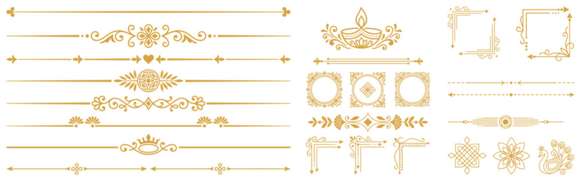 Indian wedding decoration elements featuring gold oil lamps mandalas and peacock outlines.