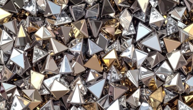 Piramidi e cristalli metallici sfaccettati con riflessi argento, cromo e oro