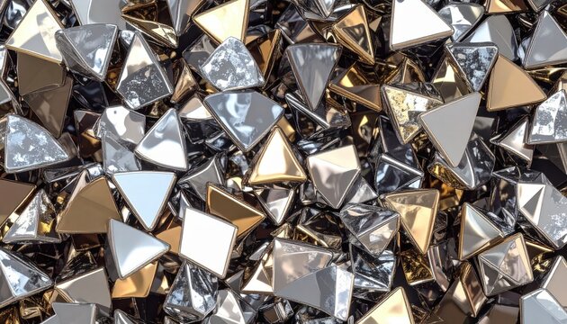 Piramidi e cristalli metallici sfaccettati con riflessi argento, cromo e oro