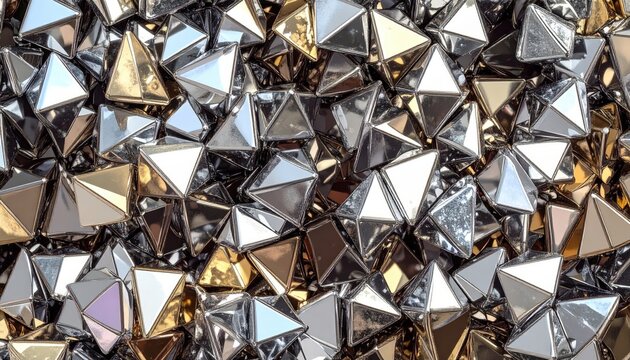 Piramidi e cristalli metallici sfaccettati con riflessi argento, cromo e oro