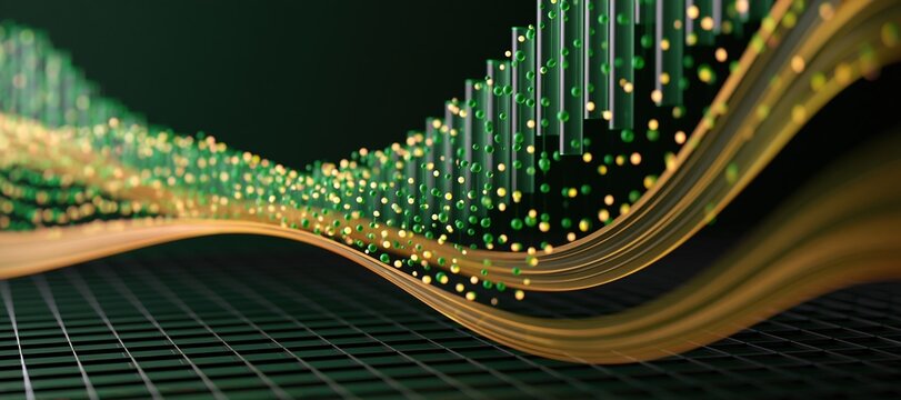 Smart energy network visualization with floating green nodes and amber data ribbons