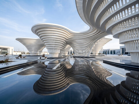 Modern futuristic architecture building with curved structural design and reflective water pool at sunset