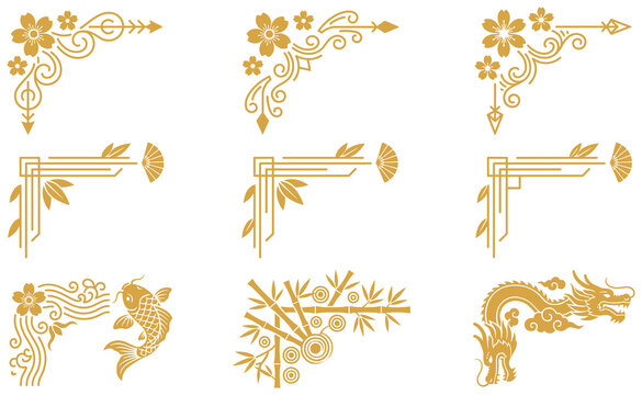 Ornate oriental corner borders with golden dragon bamboo stalks and traditional koi fish.