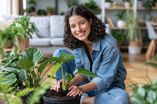 Woman smiles warmly while tending plants indoors. Her hands gently press soil into a pot. Large green leaves surround her with lush vibrancy. Bright room features soft furnishings and natural light