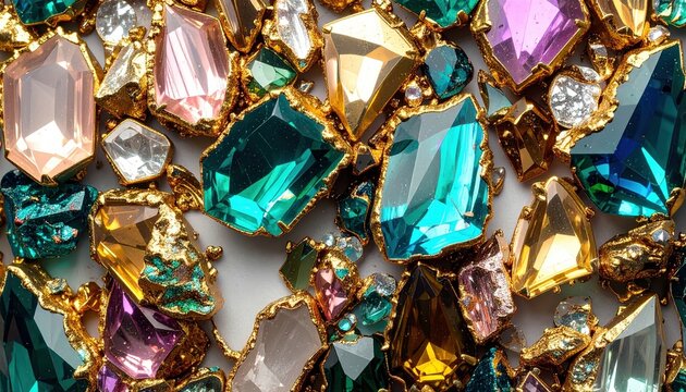 Gemme preziose sfaccettate e cristalli multicolore incastonati in montature dorate