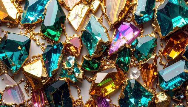 Gemme preziose sfaccettate e cristalli multicolore incastonati in montature dorate