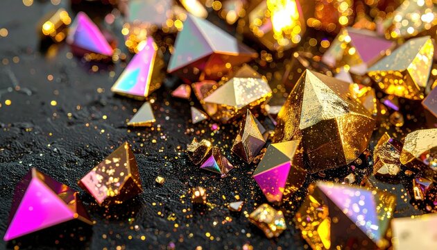Cristalli metallici e pepite d'oro sfaccettate con glitter olografici su roccia scura