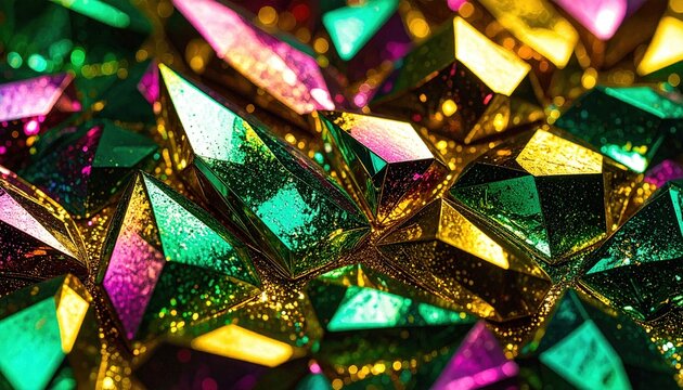Cristalli piramidali metallici e bismuto sfaccettato con riflessi oro e iridiscenti